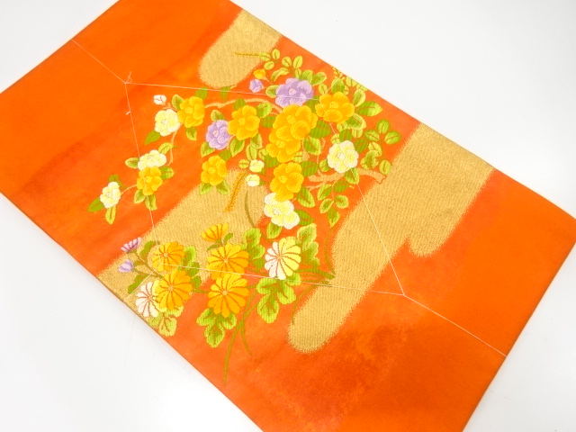 JAPANESE KIMONO / UNUSED HIRAKI NAGOYA OBI / SILK / WOVEN EGASUMI & CAMELLIA & KIKU